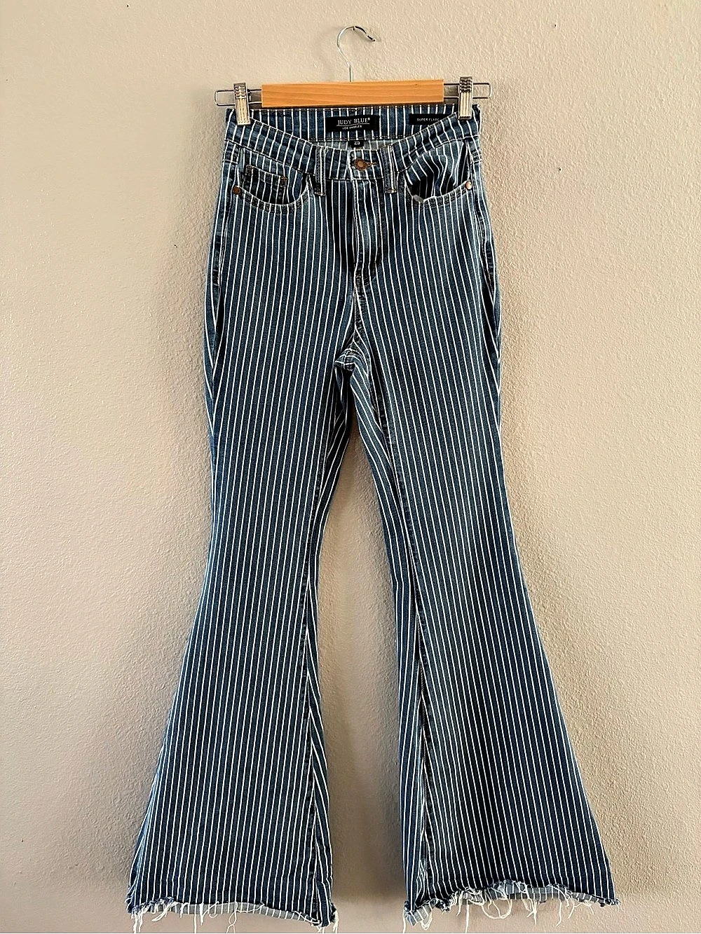 Judy Blue High Waist Pinstripe Super Flare Jeans Blue & White